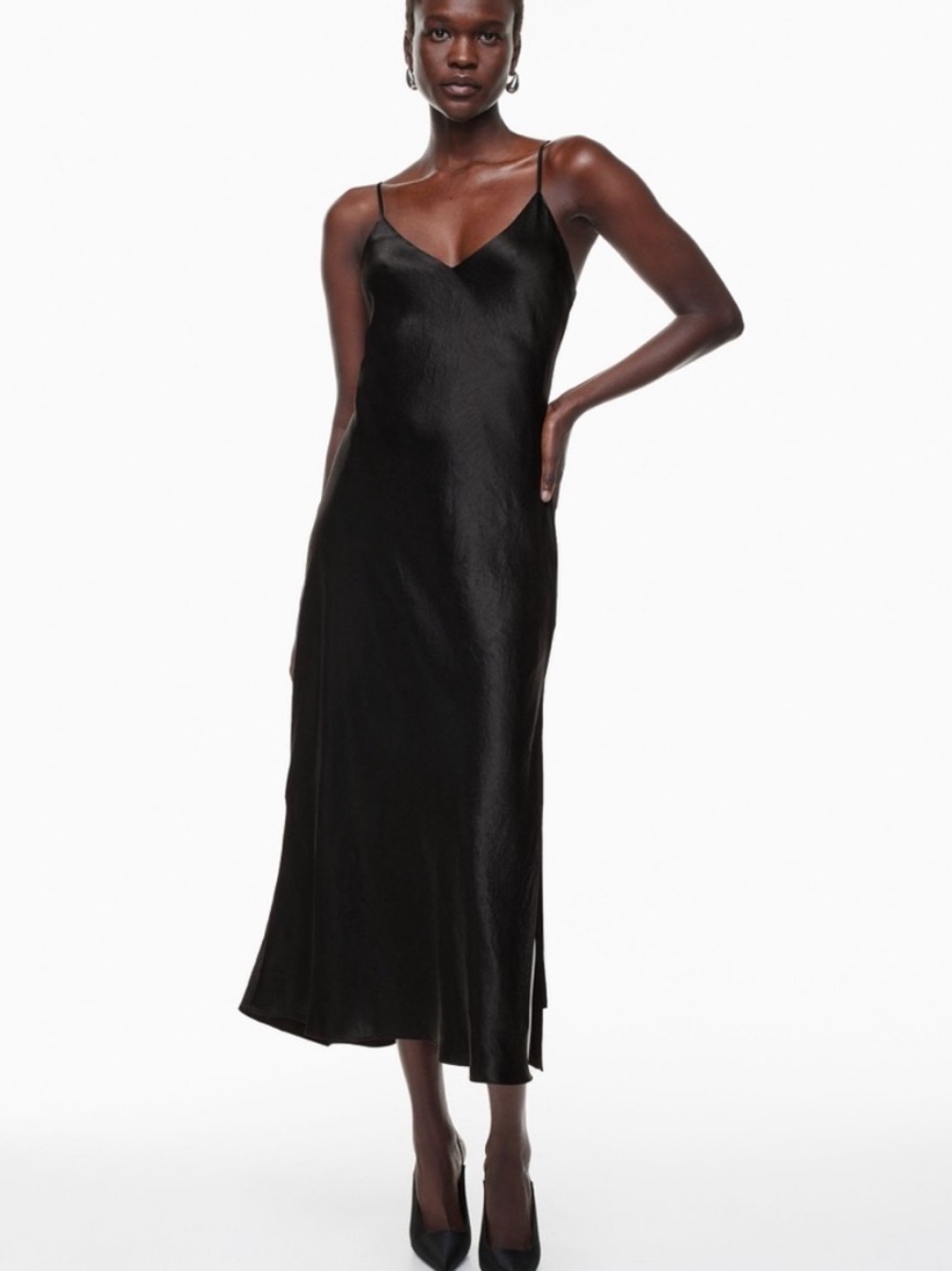 Babaton Aritzia Cox Black Satin Slip Midi Dress with Spaghetti Racer Back L